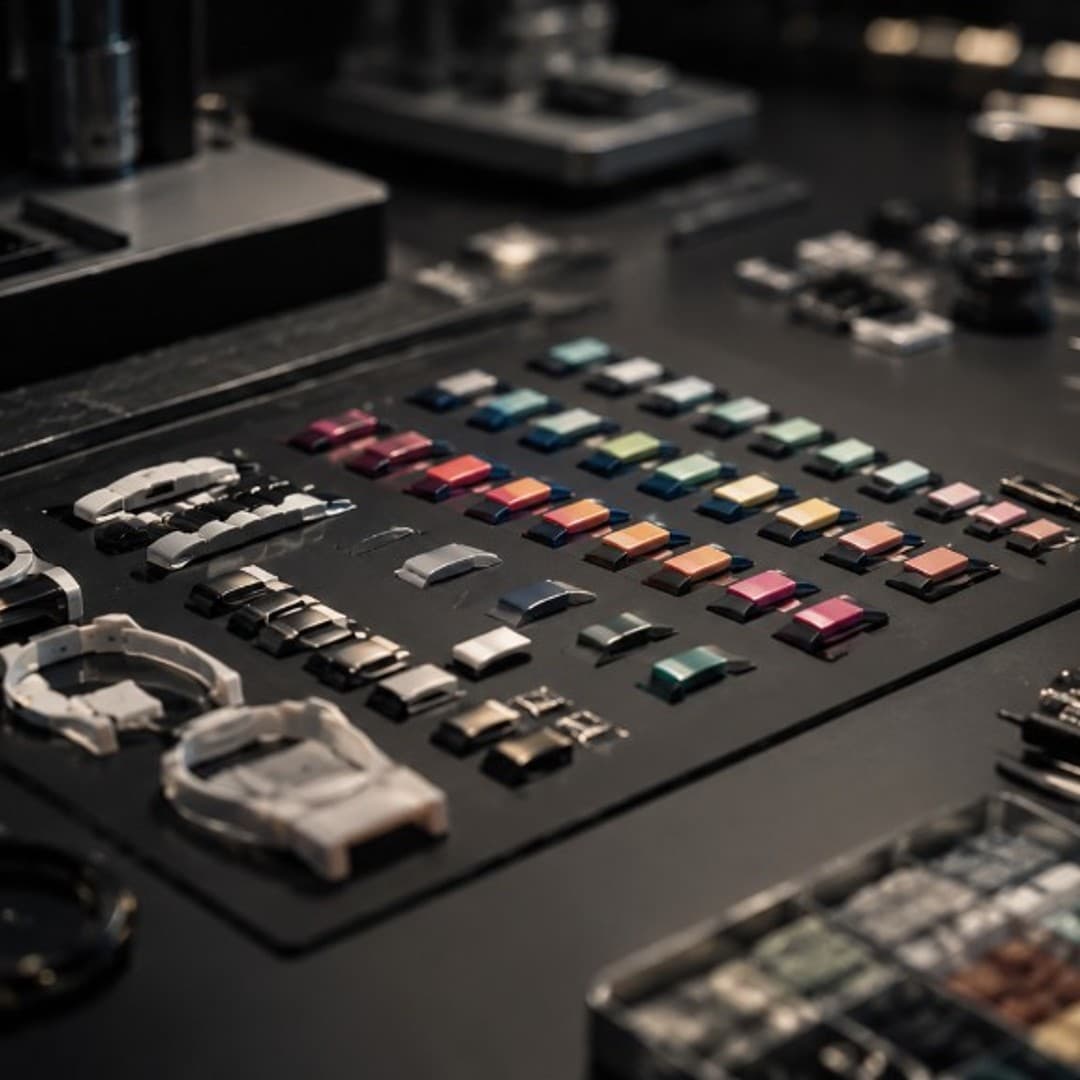 Watchmaking workbench with colorful bracelet links and case components