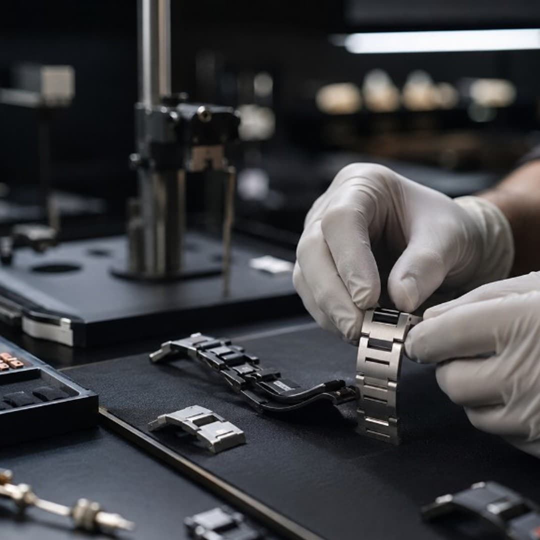 Gloved hands inspecting a brushed steel watch bracelet on a workbench
